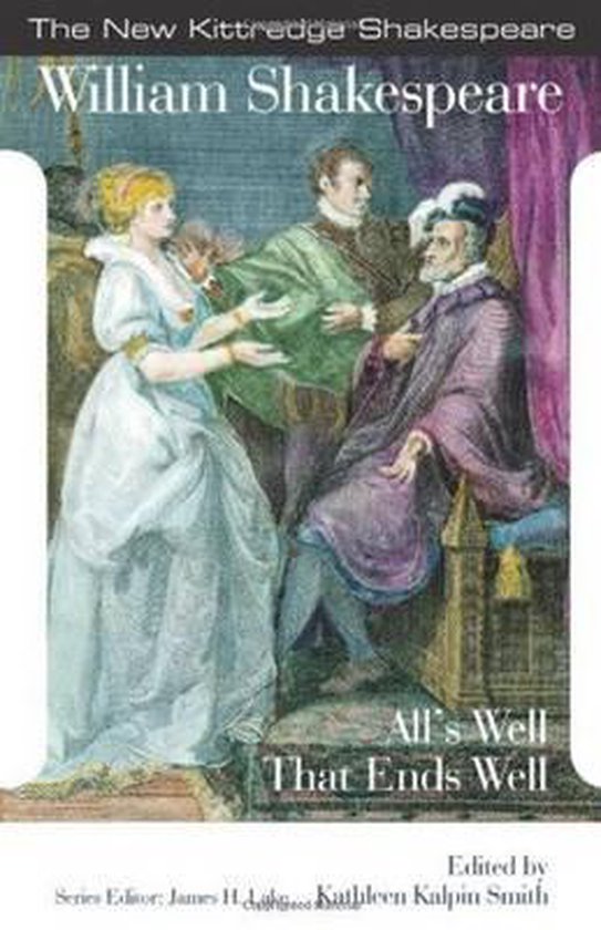 Boekomslag van All's Well That Ends Well met een klassieke illustratie van drie figuren in historische kleding.