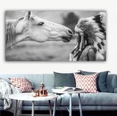 Allernieuwste Canvas Schilderij Indiaanse met paard - Woonkamer - Poster - 50 x 100 cm - Zwart-Wit