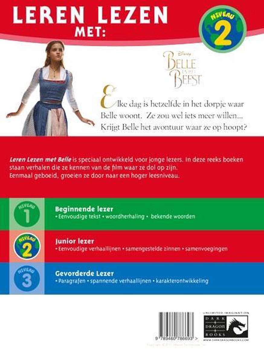 Leren lezen met Belle en het Beest, niveau 2. Belle staat met haar rug naar de kijker, met een glimlach. De cover is rood met tekst.