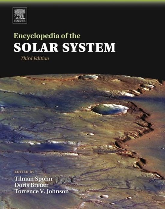 Boekomslag van "Encyclopedia of the Solar System", derde editie, met een afbeelding van een Marsachtig oppervlak en de titel.