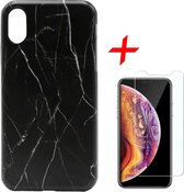 Marmer Hoesje voor Apple iPhone Xs Max Siliconen TPU Soft Gel Case Zwart + Tempered Glass Screenprotector van iCall