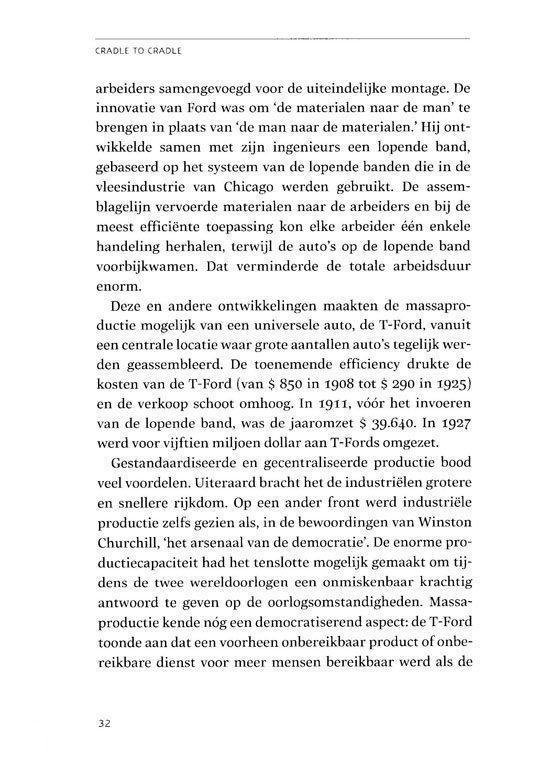 Tekstpagina met informatie over de innovatie van de lopende band en de efficiëntie van de massaproductie.