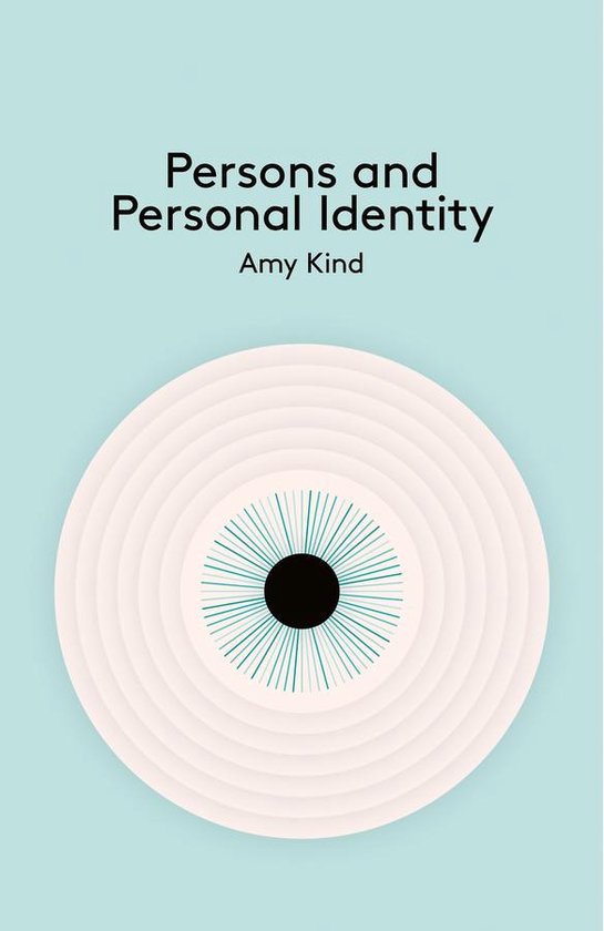 Boek kaft met de titel 'Persons and Personal Identity' en auteur Amy Kind. Abstracte oogvorm op lichtblauwe achtergrond.