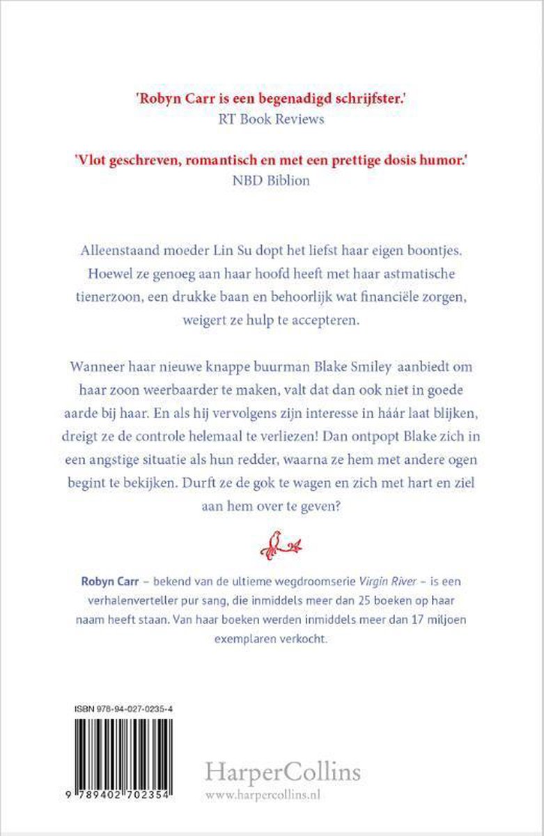 Achterkant van het boek Droom van Verlangen met tekst over het verhaal en de auteur Robyn Carr.