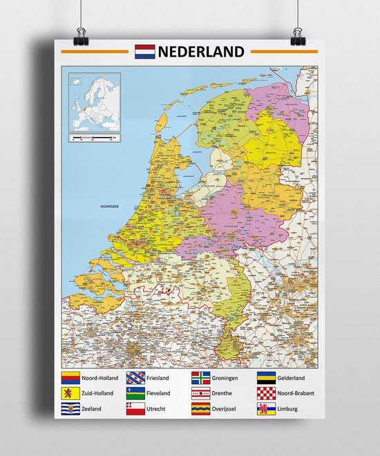 Poster kaart van Nederland - met Nederlandse autosnelwegen inclusief grensgebied van Duitsland en België - 70x100cm