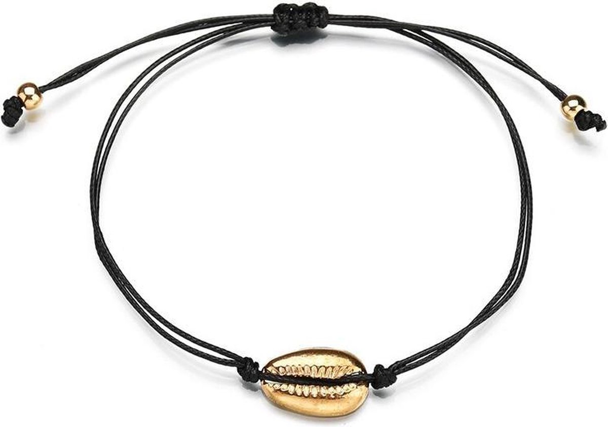 24/7 Jewelry Collection Schelpjes Armband - Schelp - Schelpen - Zwart Touw - Goudkleurige Schelp - Amodi