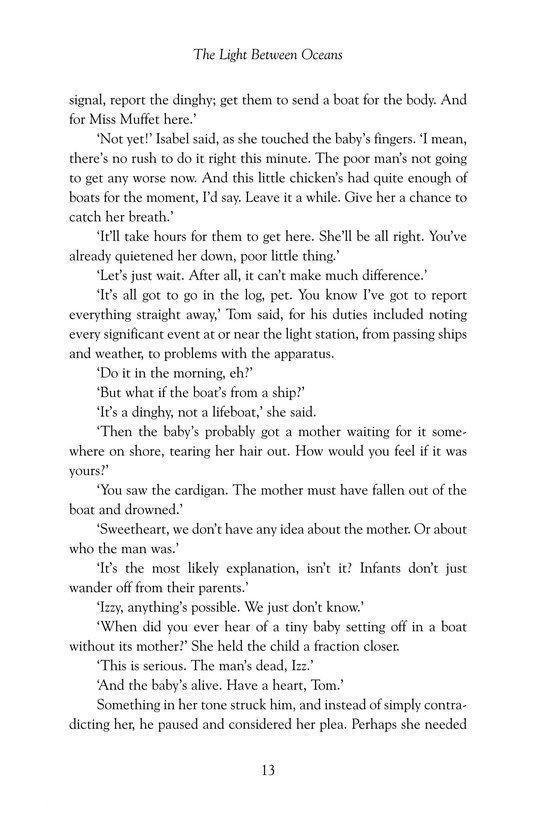 Tekstpagina uit The Light Between Oceans met pagina nummer 13.