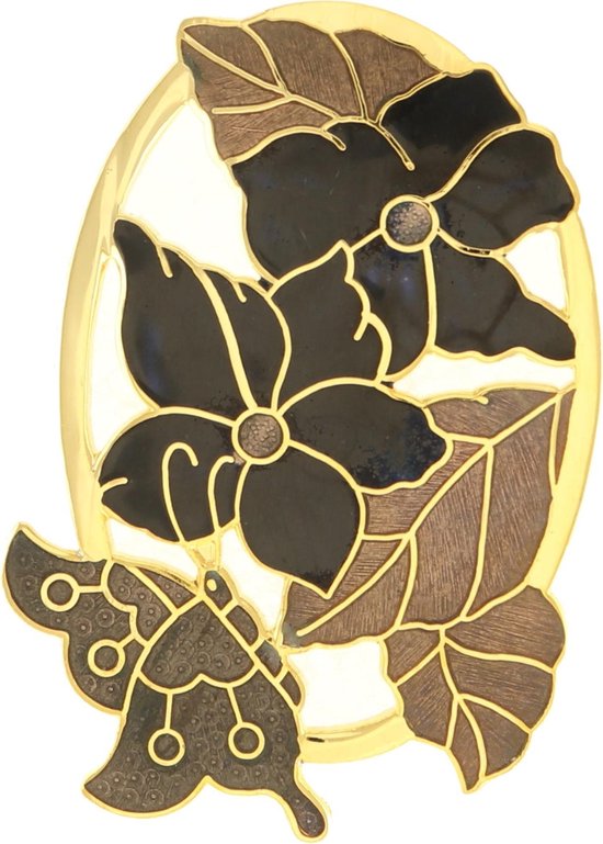 Behave Broche vlinder op bloemen bruin zwart - emaille sierspeld - sjaalspeld
