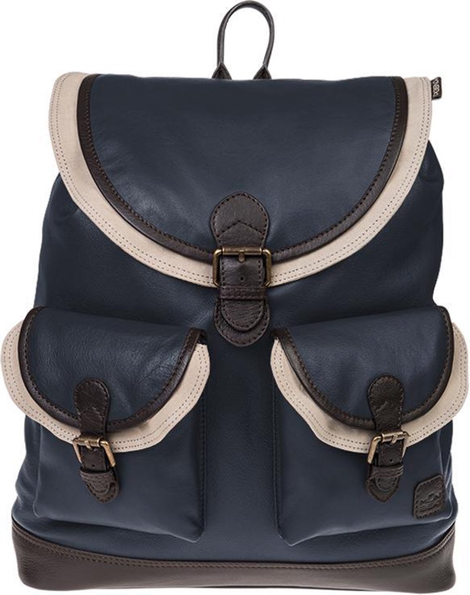Monbeki Blauw Leren Rugzak met Beige Kleppen
