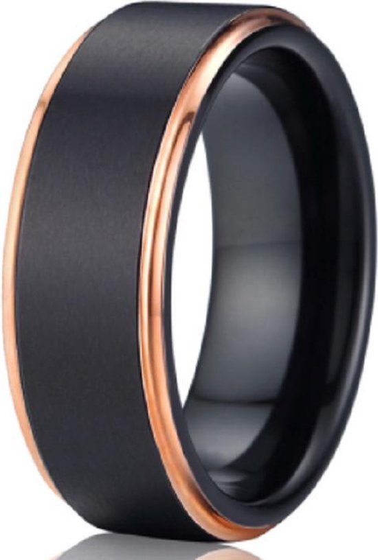 Schitterende Zwarte en Rosé Gouden Wolfraamcarbide Ring | Damesring | Herenring | 19,00 mm. Maat 60