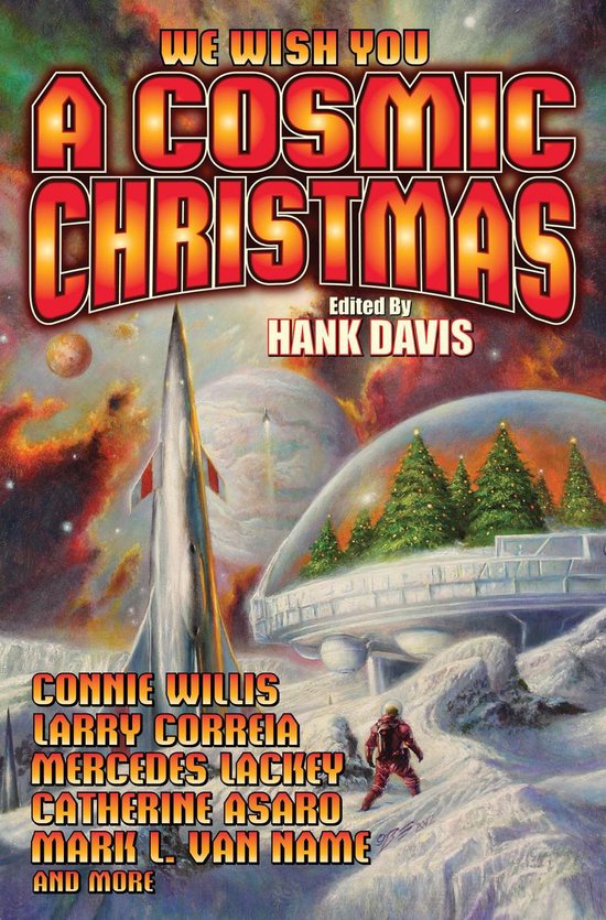 Boek "A Cosmic Christmas" met een raket en kerstbomen in de ruimte, door Hank Davis.