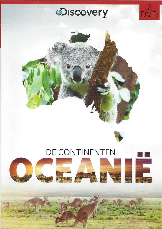 Discovery DVD 'De Continenten: Oceanië' met een koala die een boomstronk vasthoudt, Australiëkaart en springende kangoeroes.