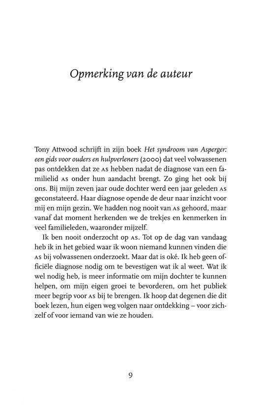 Bladzijde 9 met 'Opmerking van de auteur' over het syndroom van Asperger en het diagnosticeren van kinderen en volwassenen.