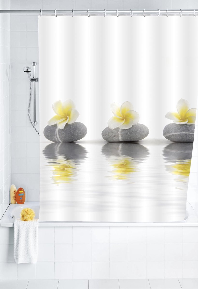 Wenko douchegordijn | Stones with Flowers | 180 x 200 | Textiel | anti-schimmel | incl ringen