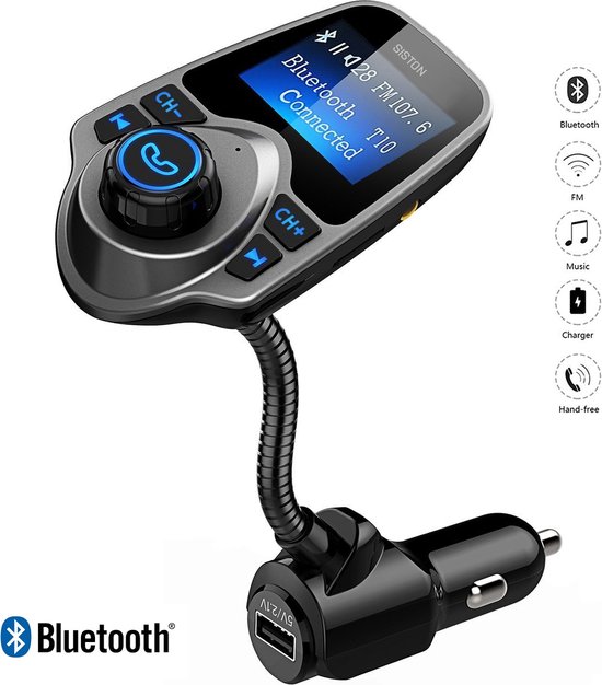 Bluetooth fm transmitter, auto radio adapter carkit met 4 music play modes / hands-free bellen / tf kaart / usb auto lader / usb flash drive / aux input / output 1. 44 inch lcd display/ bluetooth carkit 5 in 1 / t10