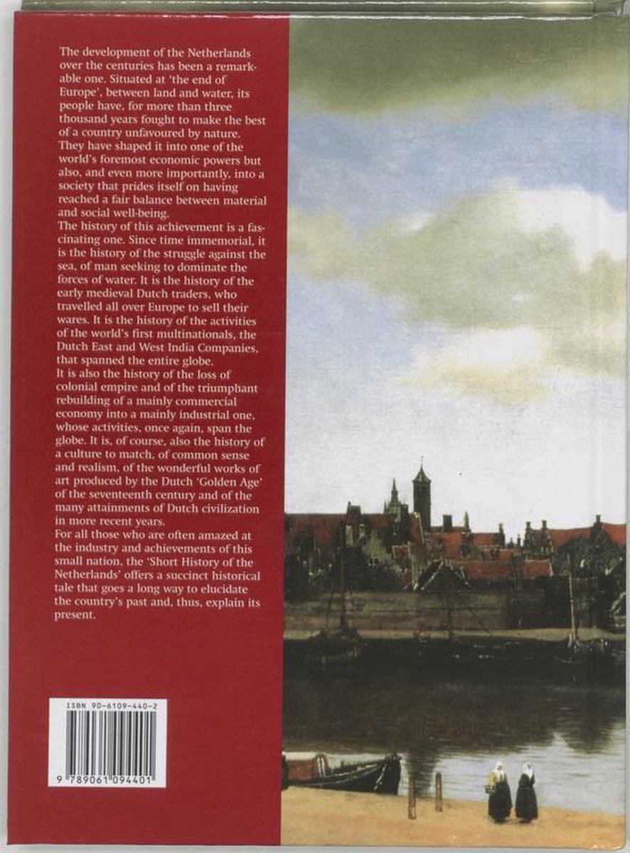 Achterkant boek "A Short History of the Netherlands" met tekst en een schilderij van een Nederlandse stad.