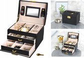 Luxe Sieradenbox Met Spiegel - Bijouteriedoos Opbergbox - Juwelen Opbergdoos - Kunst Leder Zwart
