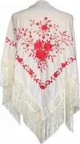 Spaanse manton  - omslagdoek - creme wit rood bij verkleedkleding of flamenco jurk