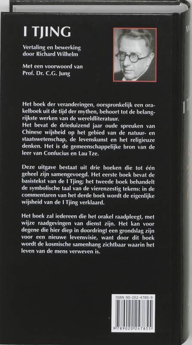 Boekrug met portret van C.G. Jung en tekst over de I Tjing, vertaling Richard Wilhelm.