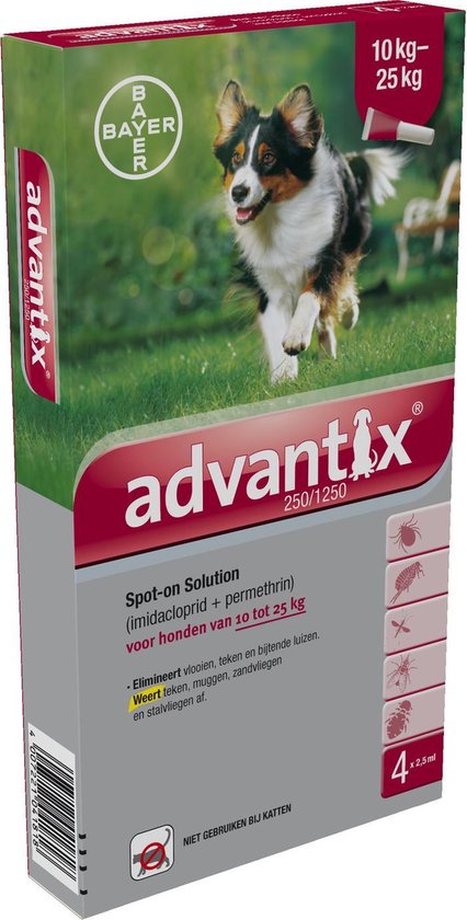 Een tri-color border collie rent over een groen gazon. De verpakking is voor Advantix spot-on oplossing voor honden van 10-25 kg.