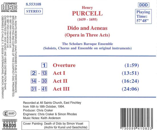 CD-hoes met Naxos logo, tracklist en informatie over Henry Purcell, Dido and Aeneas, The Scholars Baroque Ensemble, opnamegegevens en barcode.