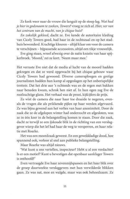 Page avec texte sur le meurtre de Cicely Towers, Eve Dallas et les indices.