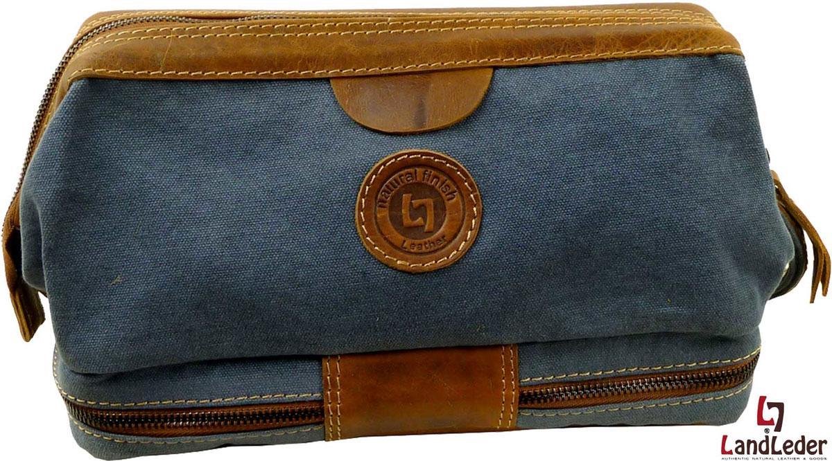 Toilettas - Landleder - Luxe Canvas / Lederen Toilettas met Dubbele Bodem - "Sailcloth"- Blue - afmeting: 27 x 13 x 17 cm .