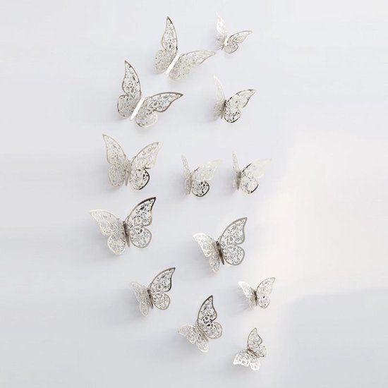 3D Vlinders Muurstickers Zilver - (met Kant en metaal uitzicht) Vlinder Muursticker