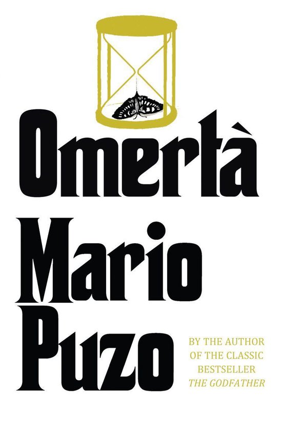 Livre "Omerta" de Mario Puzo avec un sablier et un papillon sur la couverture.