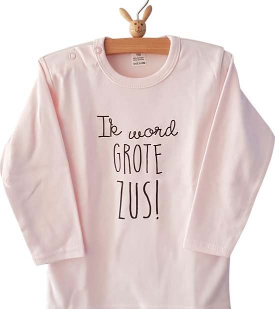 Shirt Ik word grote zus | lange mouw | roze | maat 74 zwangerschap aankondiging bekendmaking Baby big sis sister