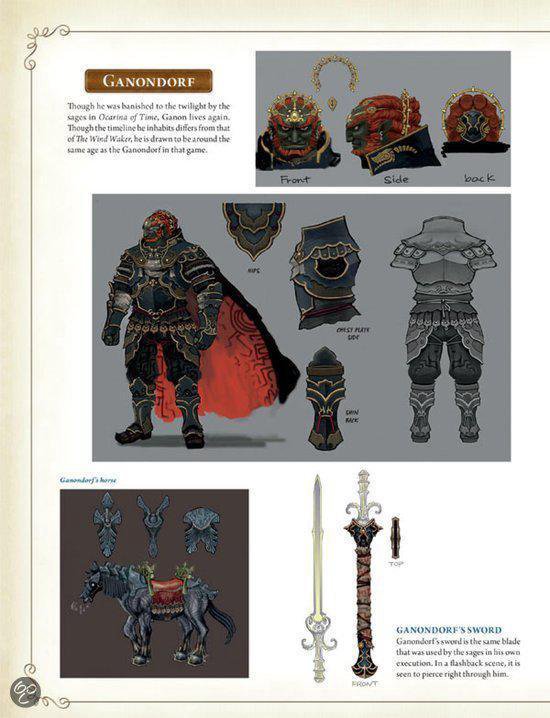 Ganondorf in zijn pantser met rode cape, inclusief schetsen van zijn helm en harnas.