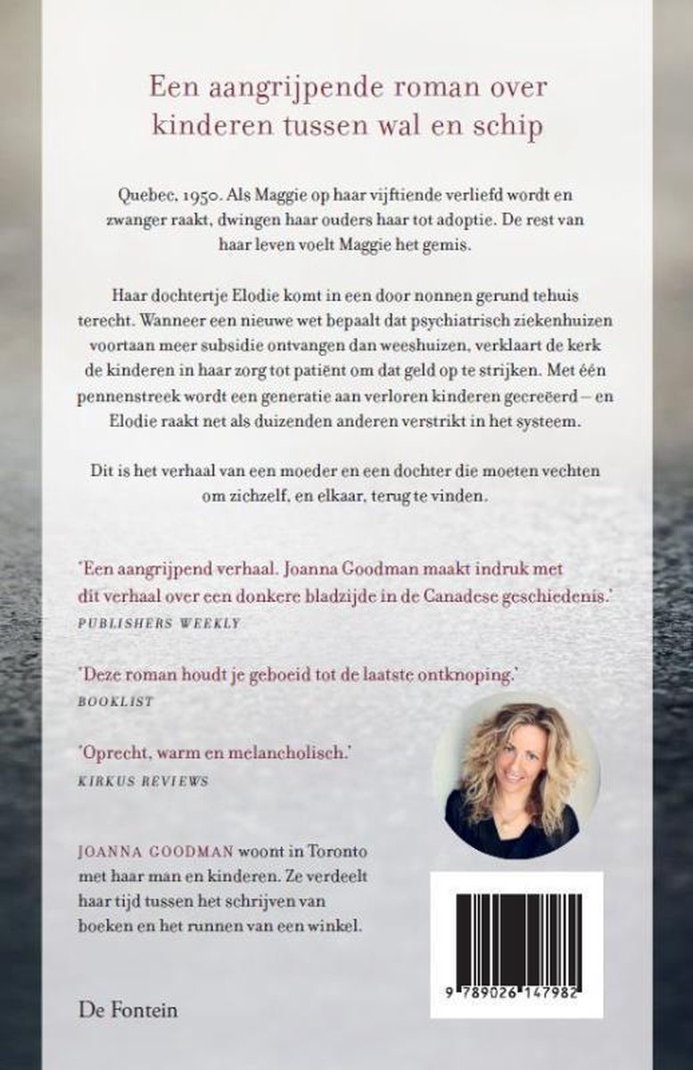 Achterkant boek met foto van auteur Joanna Goodman, met tekst over het verhaal van een moeder en dochter.