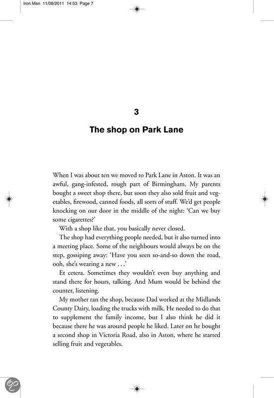 Tekstpagina uit het boek Iron Man, hoofdstuk 'The shop on Park Lane', over een winkel in Aston.