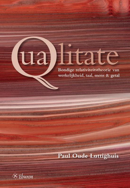 Boek met de titel 'Qualitate qua' in beige letters op een achtergrond van rode en oranje strepen.