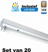 LED Buis armatuur 150cm - Enkel | Inclusief Hoge Lumen LED Buis - 3000K - Warm wit (Set van 20 stuks)