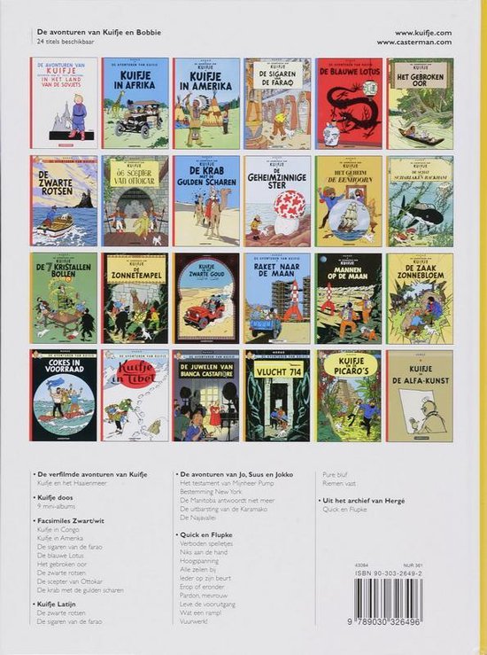 Overzicht van de avonturen van Kuifje. Verschillende covers in diverse talen.