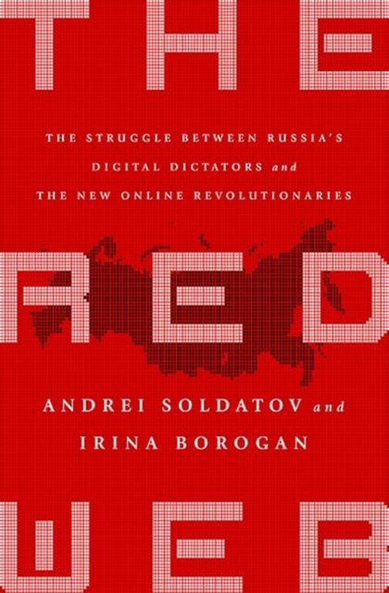 Boek met de titel 'The Red Web'. Rode omslag met witte pixelachtige letters en een kaart van Rusland.