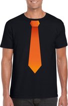Zwart t-shirt met oranje stropdas heren - Oranje Koningsdag/ Holland supporter kleding M