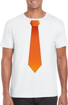 Wit t-shirt met oranje stropdas heren - Oranje Koningsdag/ Holland supporter kleding S