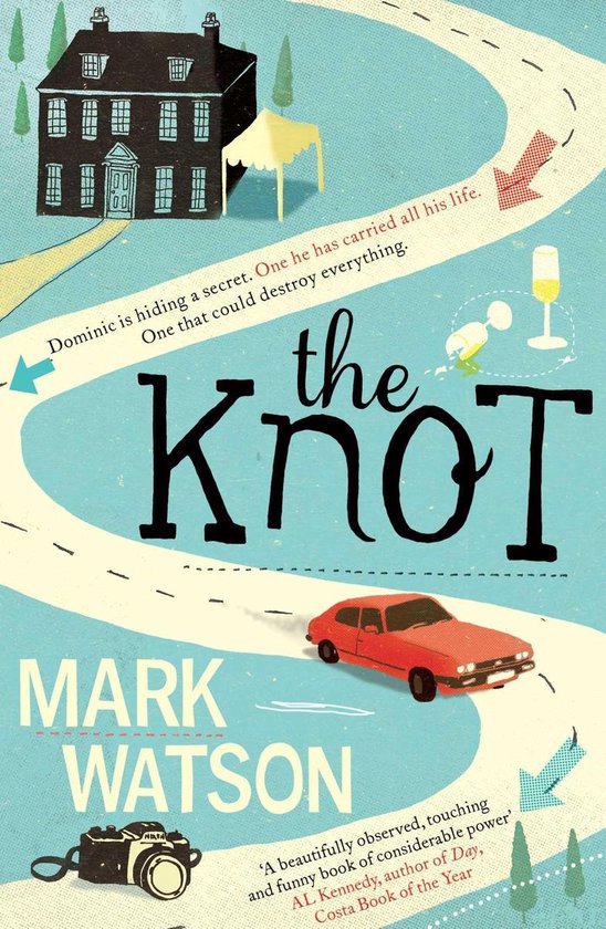 Boekcover van 'The Knot' door Mark Watson, met een rode auto, huis, camera en een glas champagne.