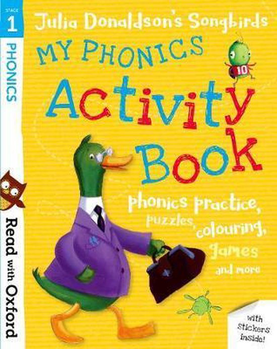 Mon cahier d'activités phoniques avec un canard en costume violet, texte 'Julia Donaldson's Songbirds' et 'Read with Oxford'.
