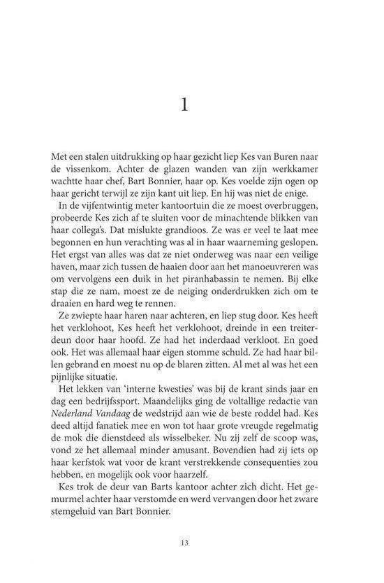 Pagina 1 uit het boek 'De man van Manhattan' met Nederlandse tekst over Kes van Buren en haar werk. Het gaat over haar slechte prestaties op haar werk.