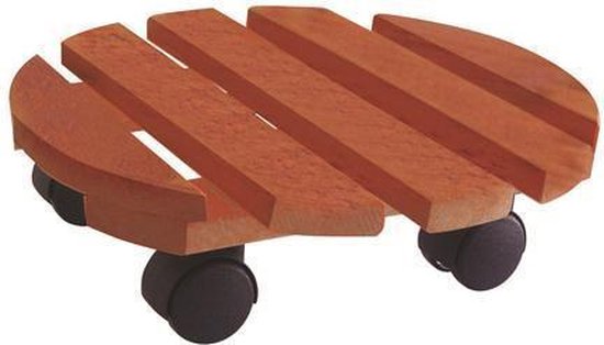Houten plantenwagen met vier zwarte wielen en een rond platform van houten latten.