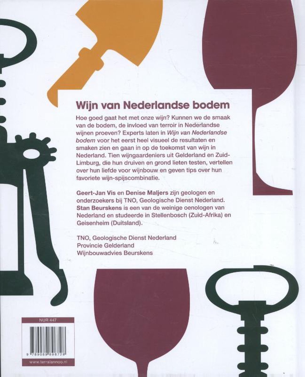 Achterkant boek "Wijn van Nederlandse bodem" met tekst en illustratie van wijnglazen en kurkentrekker.