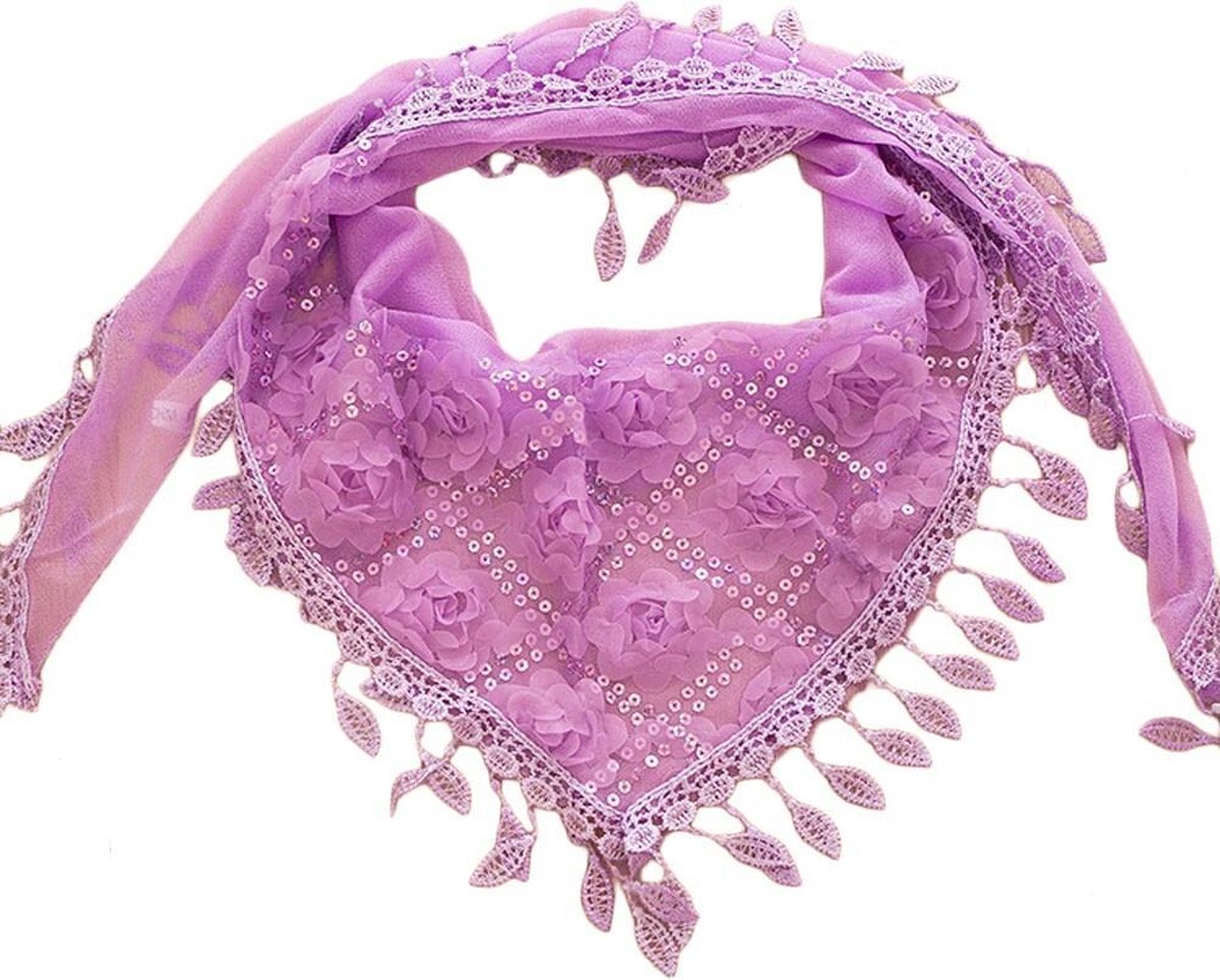 Fashionidea – mooie paarse omslag sjaal heerlijk zacht en lekker dun met sierlijke franjes en roosjes