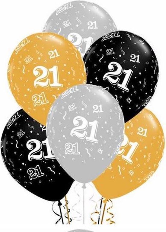 20 stuks ballonnen 21 jaar goud - zilver - zwart | bol.com