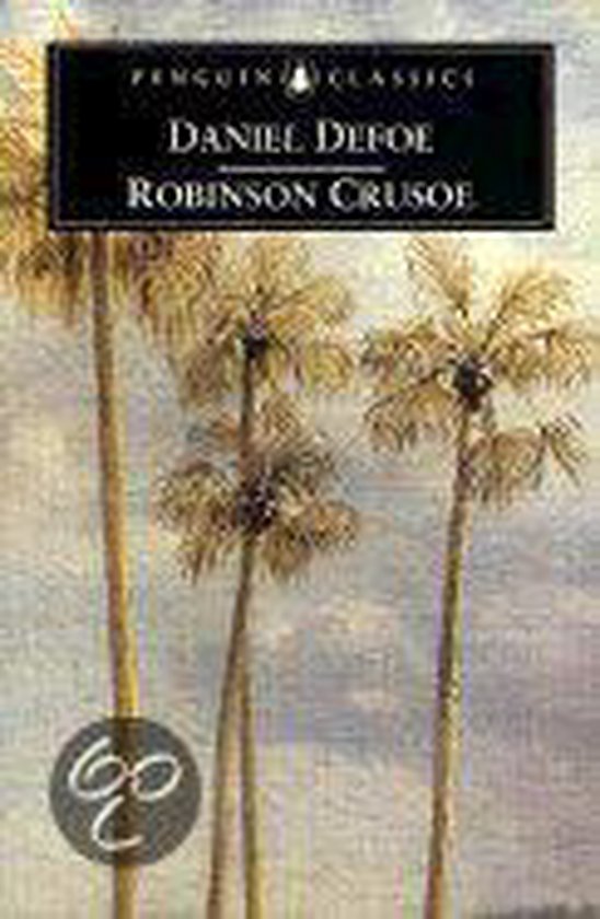 Couverture du livre Robinson Crusoe de Daniel Defoe, avec des palmiers et une bannière de texte en haut.