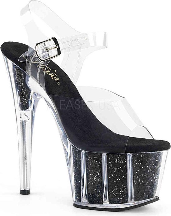 Pleaser - ADORE-708G Sandaal met enkelband, Paaldans schoenen - 39 Shoes - Zwart/Transparant