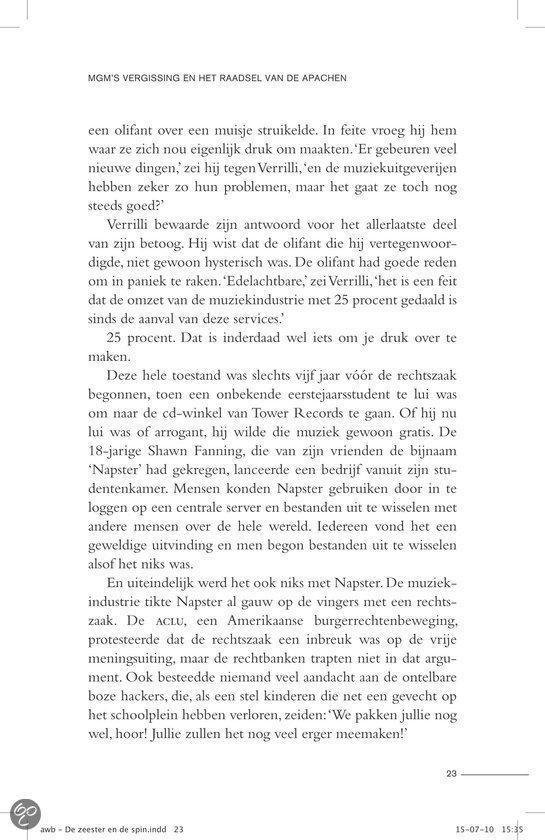 Pagina met tekst over een olifant, Verrilli, de muziekindustrie, Tower Records, Napster en de ACLU.