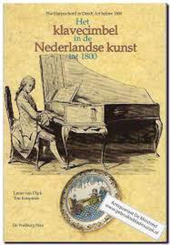 Boek "Het klavecimbel in de Nederlandse kunst tot 1800" met een tekening van een vrouw bij een klavecimbel.